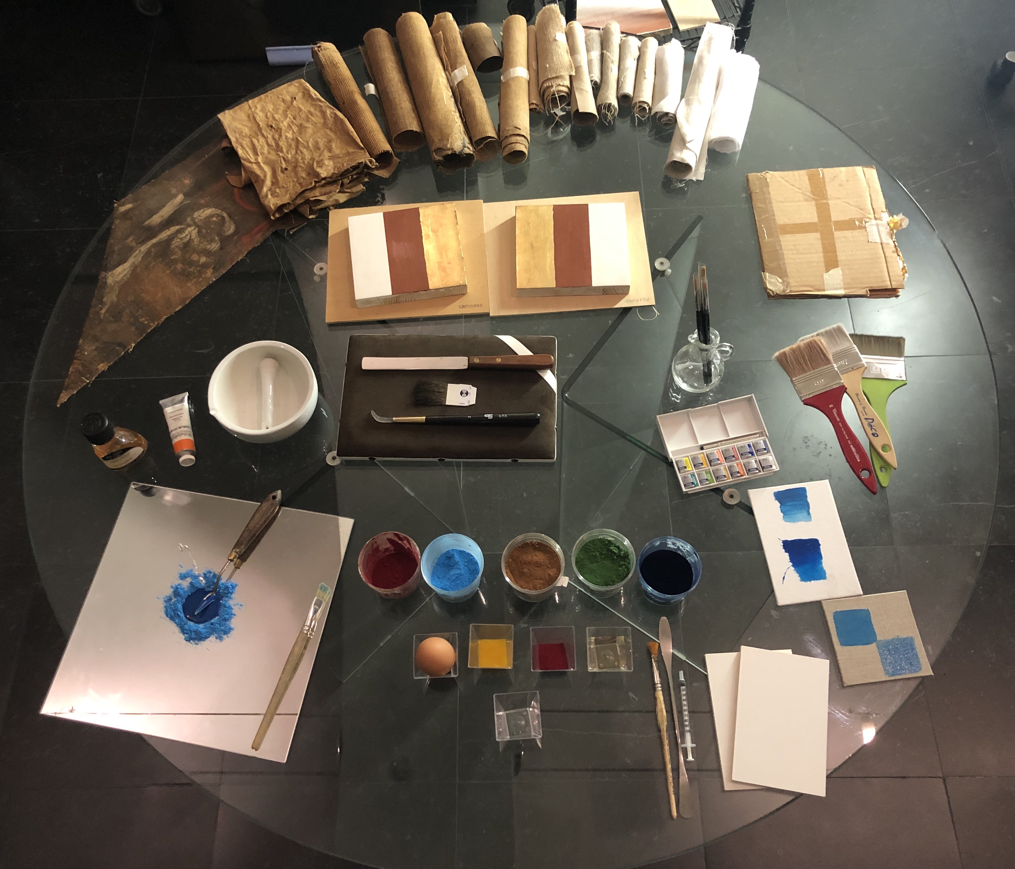 Table of materials to show our guests some of the old painting techniques