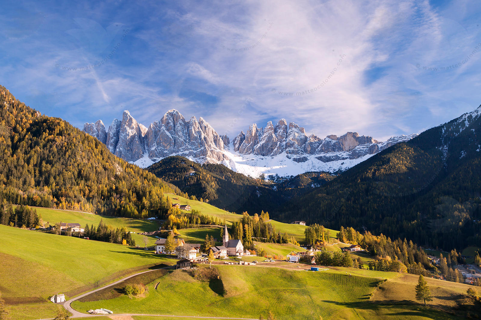 Famous view of St Magdalena town under Odle peaks in the Dolomit